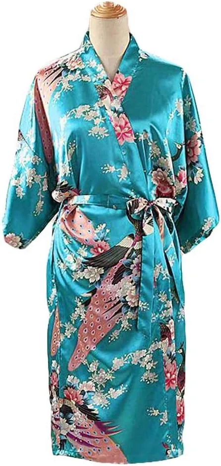 Turquoise - Peacock/Blossoms Women's Long Bathrobe Kimono Robe Silk-Like Pajamas