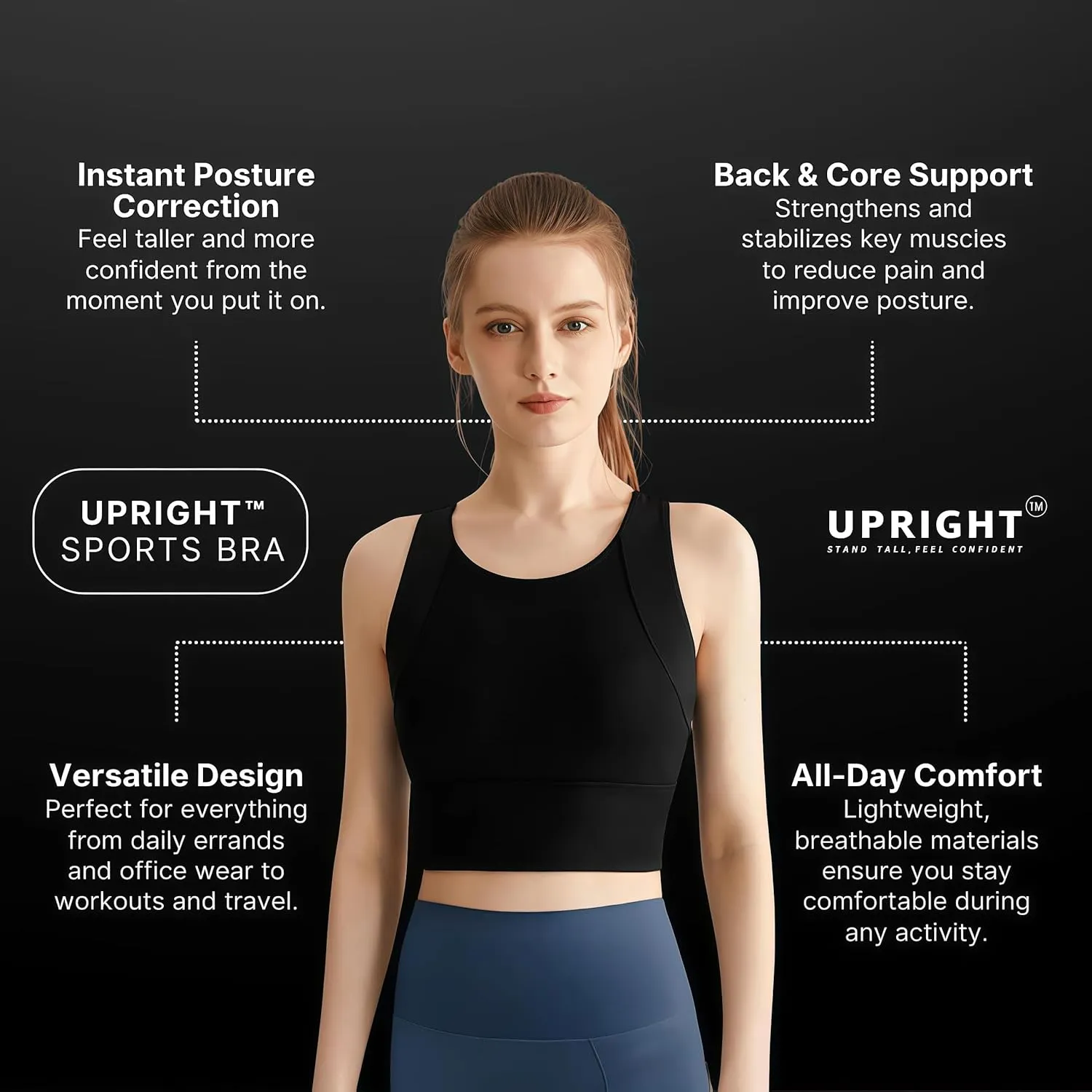 Upright Sports Bra, Upright Posture Corrector Sports Bra, Womens' Sports Bras Longline Wirefree Padded