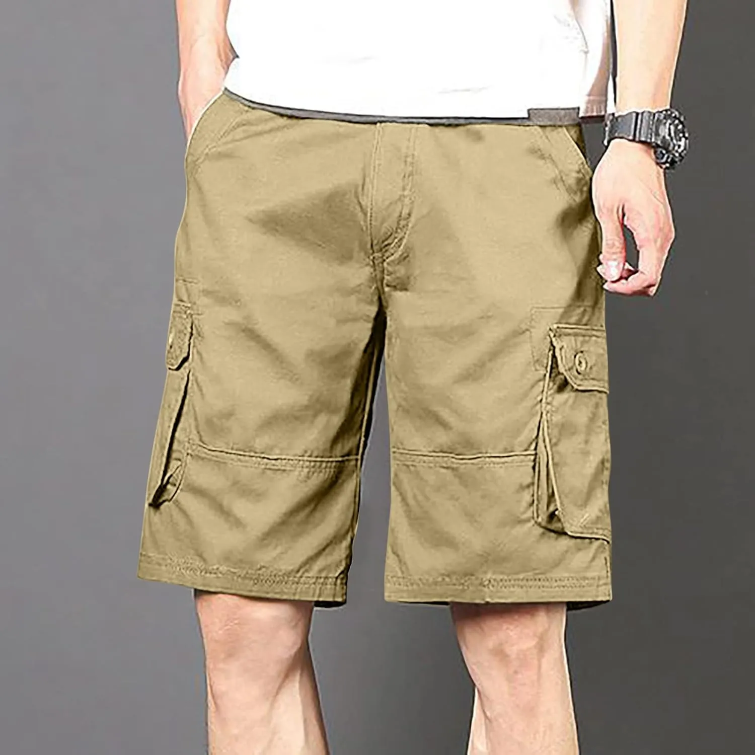 Vifucz High Waisted Shorts Men Pockets Solid Color Bootcut Pants Trousers Beach Work Cargo Shorts Loose Fit Straight Pant