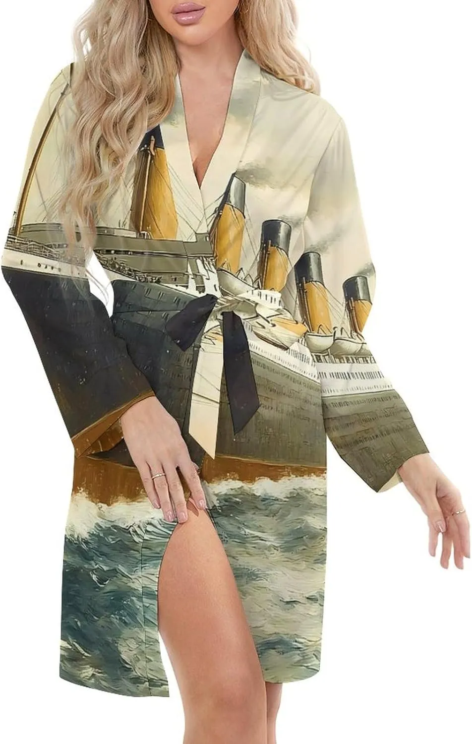 Vintage Titanic Ship Ocean Boat Robes for Women Long Sleeve Nightgowns Soft Bathrobes Comfy Sleepshirts