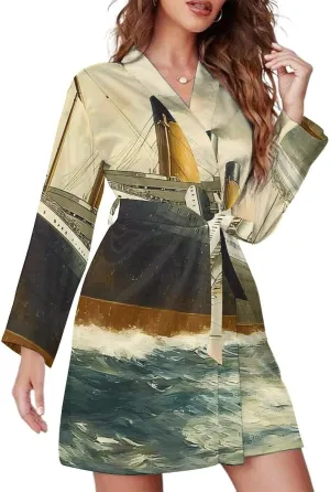 Vintage Titanic Ship Ocean Boat Robes for Women Long Sleeve Nightgowns Soft Bathrobes Comfy Sleepshirts