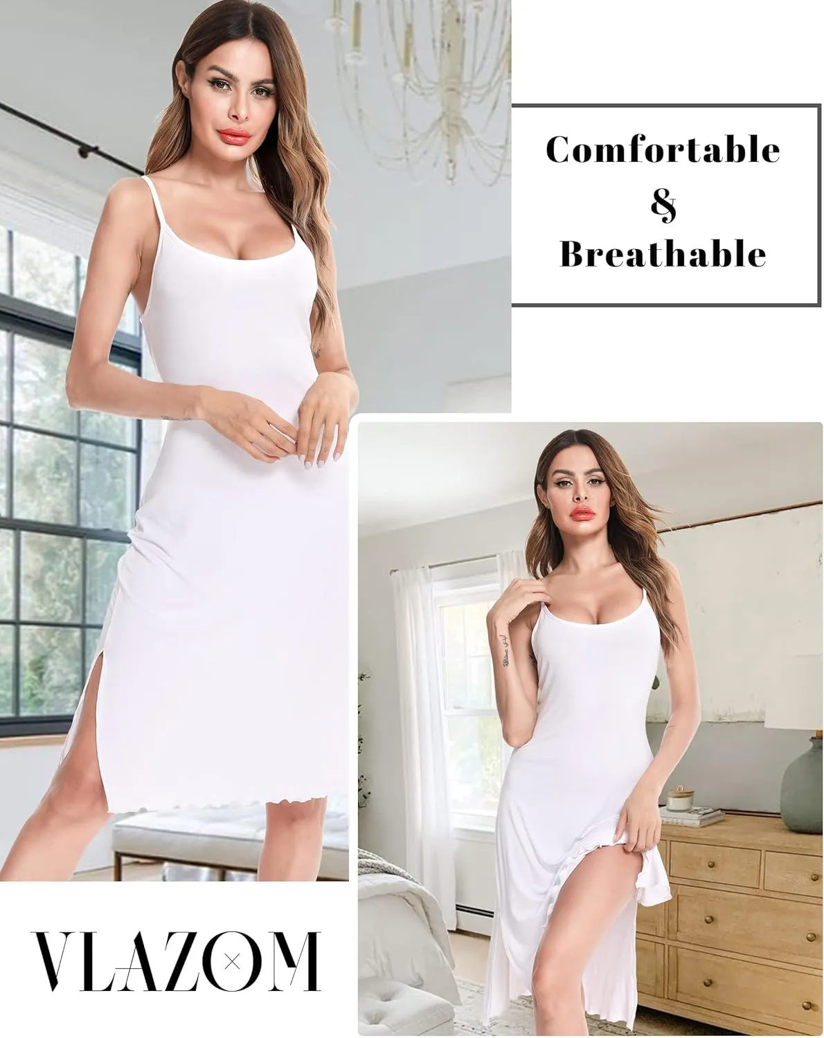 Vlazom Women Full Slips Sexy Soft Slip Dress for Under Dress Spaghetti Strap Cami Slip Chemises V Neck Negligee S-XXL