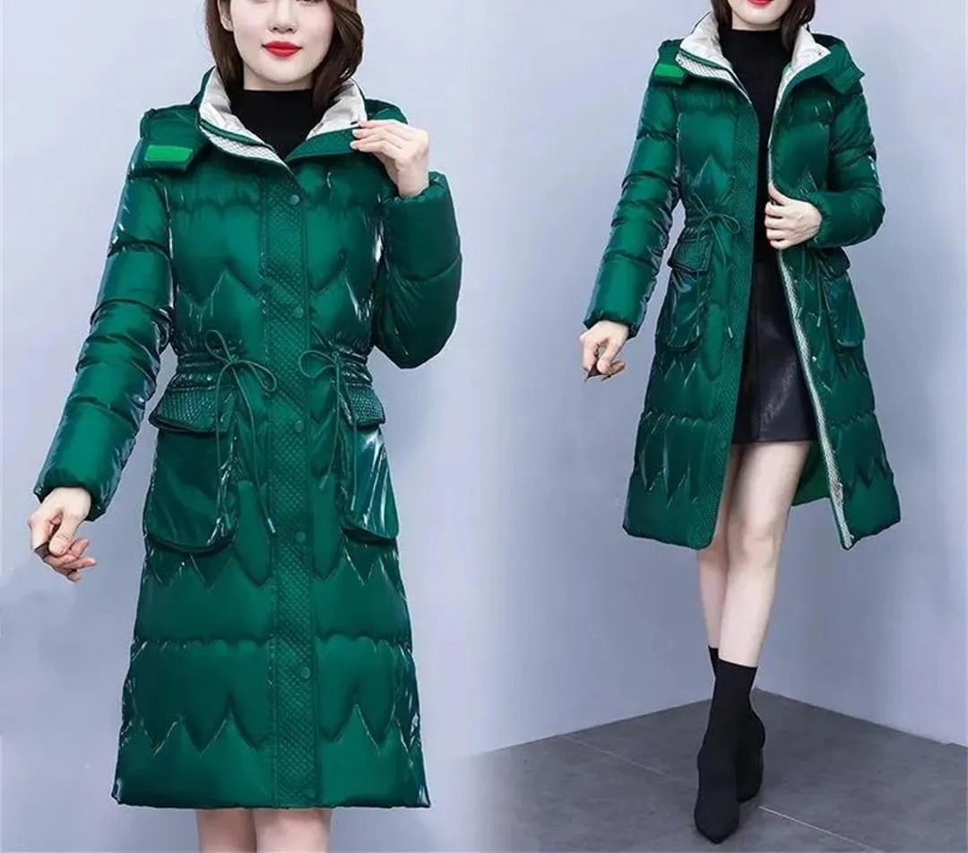 Women Down Cotton Jacket Hooded Long Cotton Padded Coat