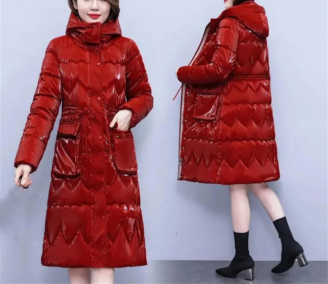 Women Down Cotton Jacket Hooded Long Cotton Padded Coat