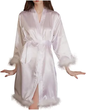 Women Feather Fur Robe Sexy Silk Satin Bridal Dressing Gown Short Wedding Nightgown Summer Elegant Bathrobe Sleepwear