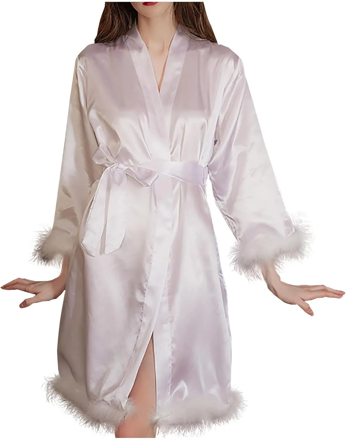 Women Feather Fur Robe Sexy Silk Satin Bridal Dressing Gown Short Wedding Nightgown Summer Elegant Bathrobe Sleepwear