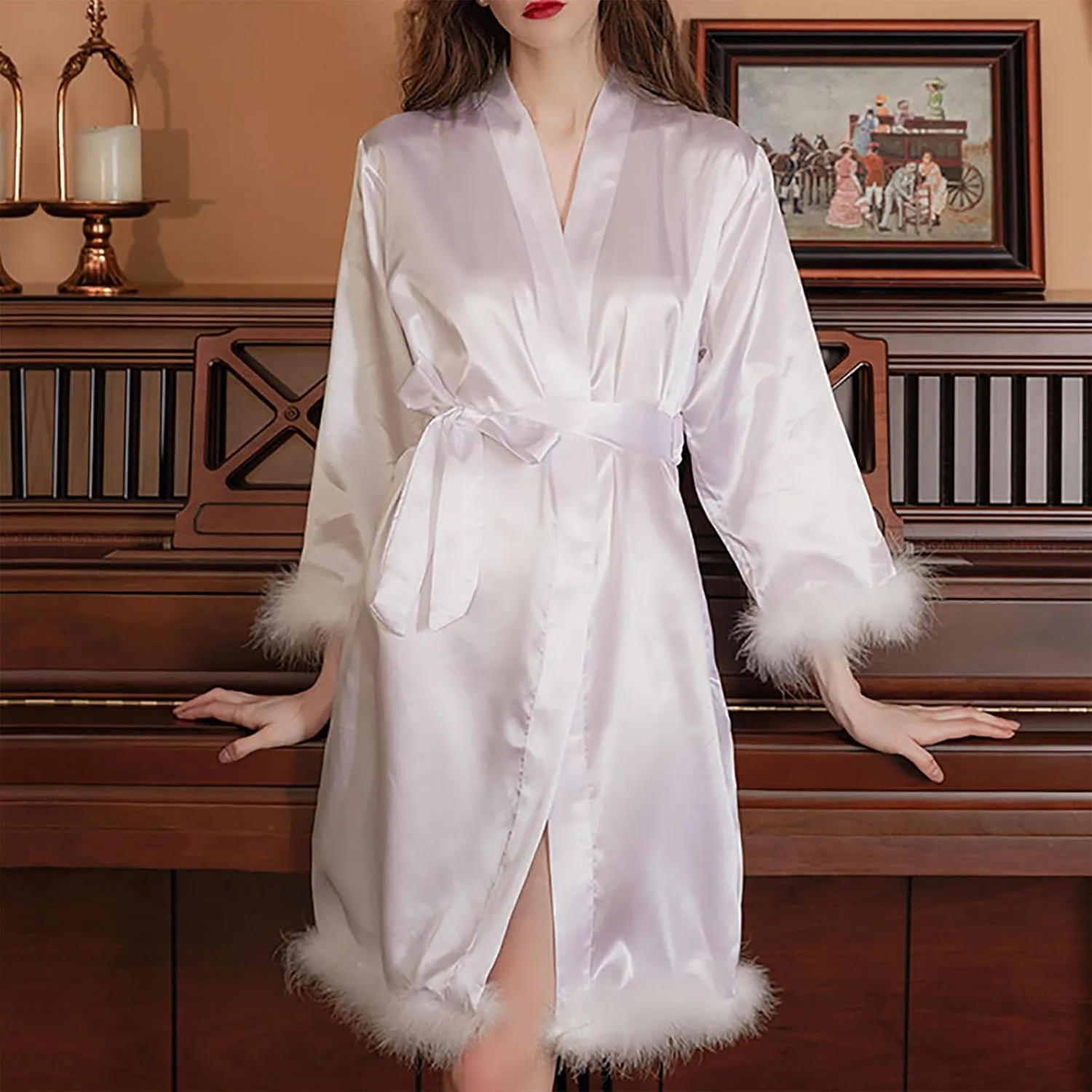 Women Feather Fur Robe Sexy Silk Satin Bridal Dressing Gown Short Wedding Nightgown Summer Elegant Bathrobe Sleepwear