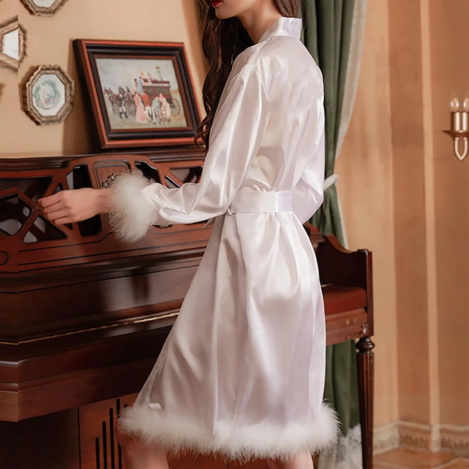 Women Feather Fur Robe Sexy Silk Satin Bridal Dressing Gown Short Wedding Nightgown Summer Elegant Bathrobe Sleepwear