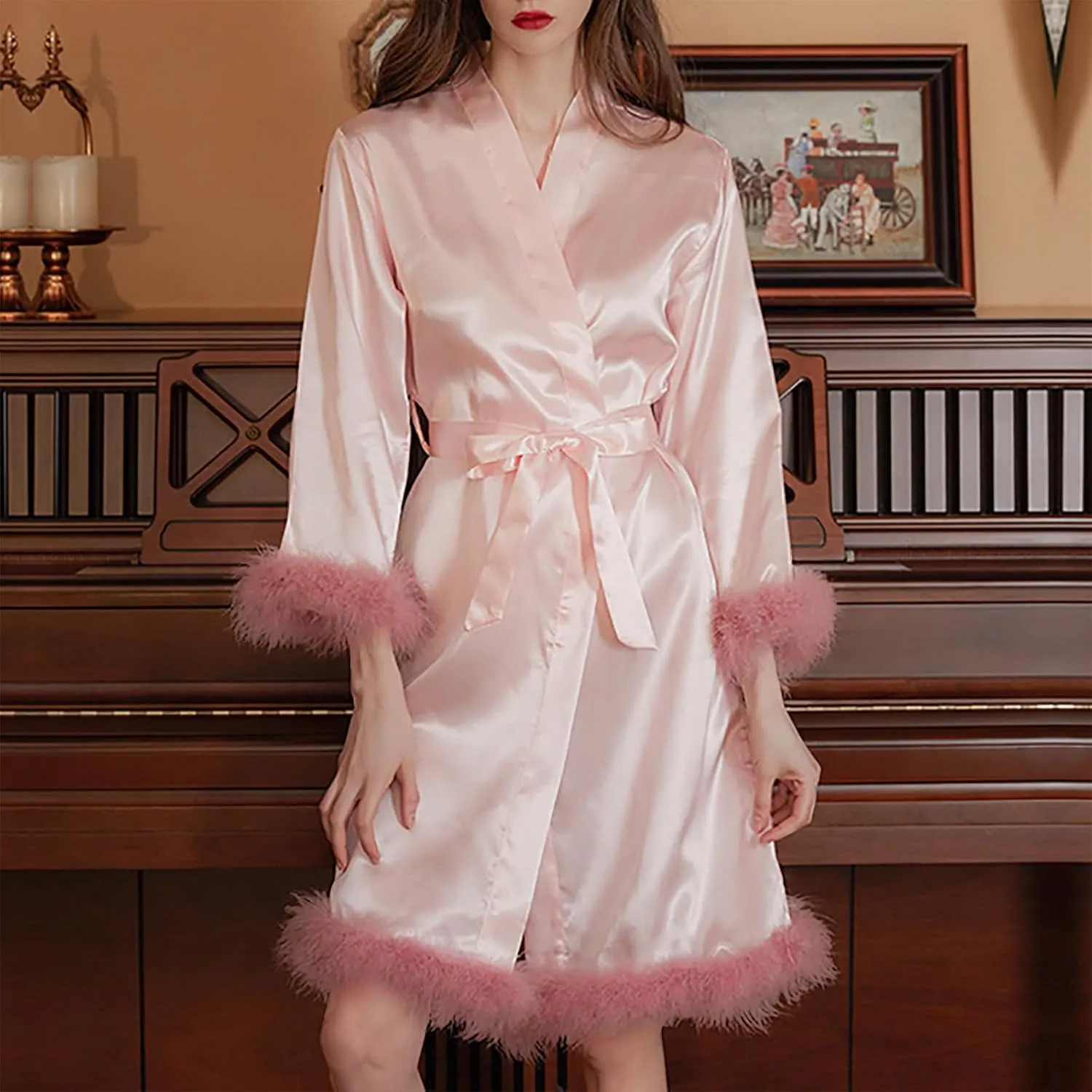 Women Feather Fur Robe Sexy Silk Satin Bridal Dressing Gown Short Wedding Nightgown Summer Elegant Bathrobe Sleepwear