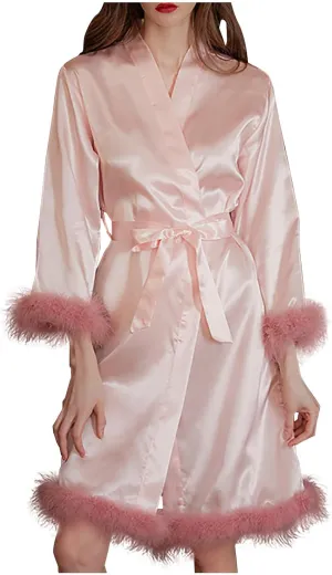 Women Feather Fur Robe Sexy Silk Satin Bridal Dressing Gown Short Wedding Nightgown Summer Elegant Bathrobe Sleepwear
