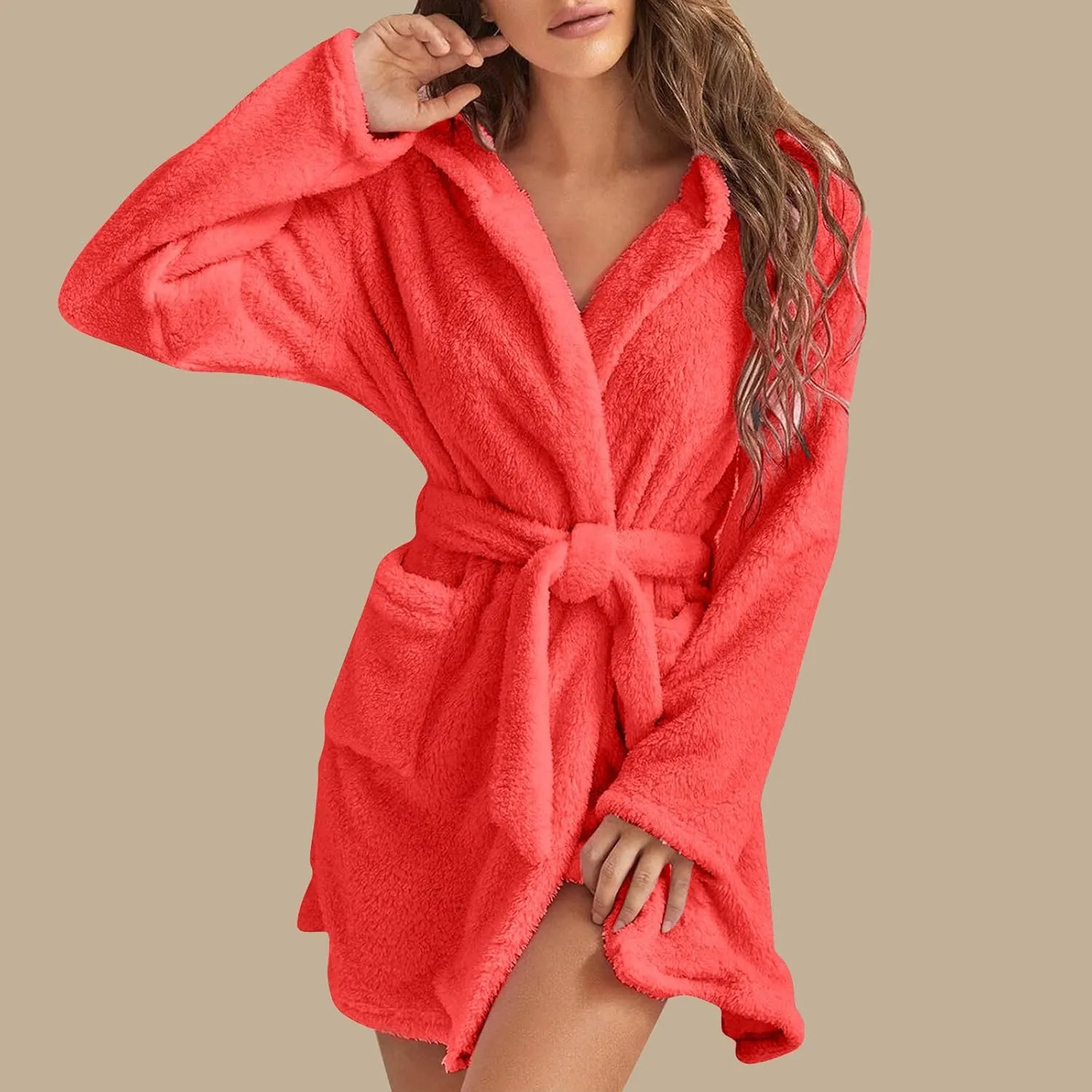 Women Fuzzy Robes Plush Bathrobes Long Sleeve Hooded Warm Short Bath Robe Sexy Fleece Sleep Robes with Pockets