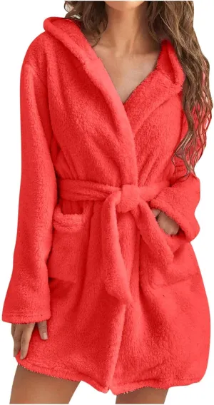 Women Fuzzy Robes Plush Bathrobes Long Sleeve Hooded Warm Short Bath Robe Sexy Fleece Sleep Robes with Pockets