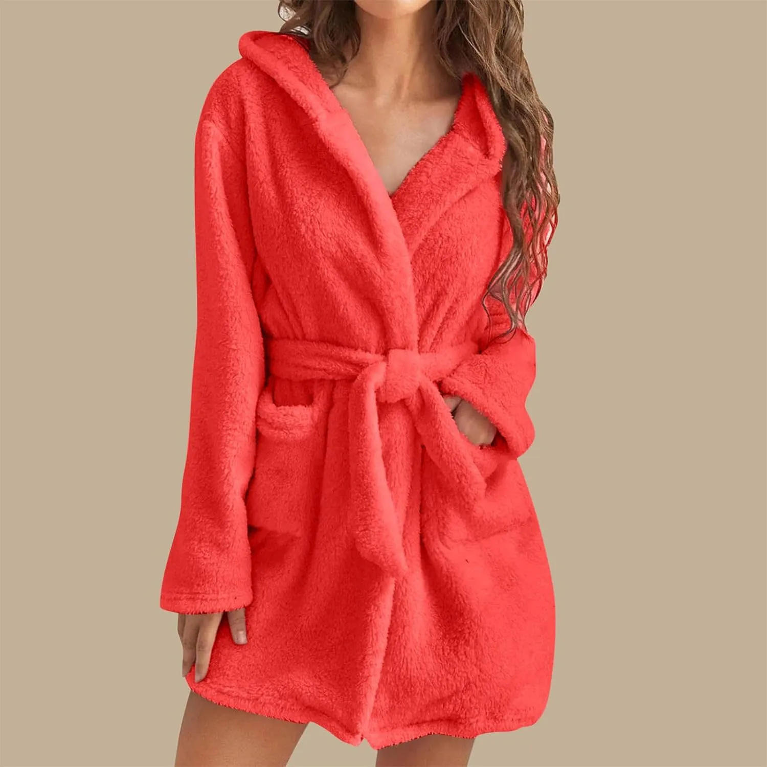 Women Fuzzy Robes Plush Bathrobes Long Sleeve Hooded Warm Short Bath Robe Sexy Fleece Sleep Robes with Pockets
