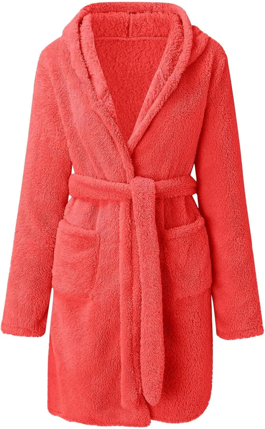 Women Fuzzy Robes Plush Bathrobes Long Sleeve Hooded Warm Short Bath Robe Sexy Fleece Sleep Robes with Pockets