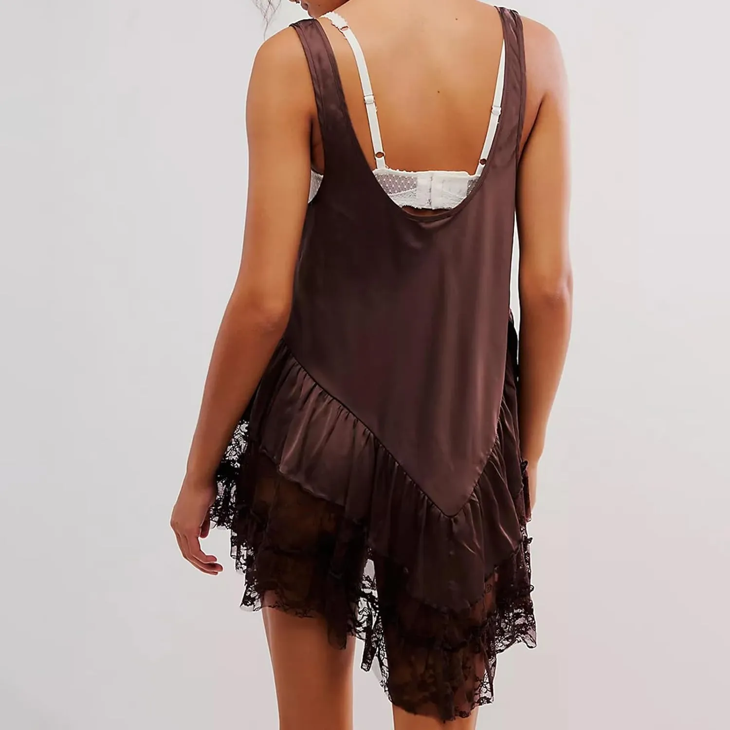Women Satin Lace Slip Dress Flowy Sleeveless Backless Lingerie Short Dress Y2k Lace Trim Mini Dress Nightgowns