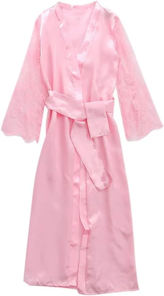 Women Sexy Long Lingerie Robe Ladies Lace Silk Dressing Gown Maxi Satin Bathrobes Spa Wedding Bridal Pajama Nightgown