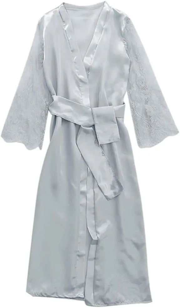 Women Sexy Long Lingerie Robe Ladies Lace Silk Dressing Gown Maxi Satin Bathrobes Spa Wedding Bridal Pajama Nightgown
