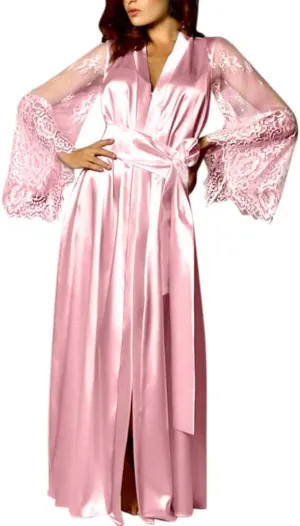 Women Sexy Long Lingerie Robe Ladies Lace Silk Dressing Gown Maxi Satin Bathrobes Spa Wedding Bridal Pajama Nightgown