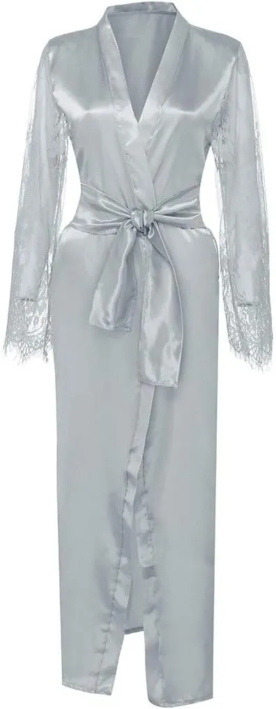 Women Sexy Long Lingerie Robe Ladies Lace Silk Dressing Gown Maxi Satin Bathrobes Spa Wedding Bridal Pajama Nightgown