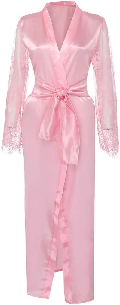 Women Sexy Long Lingerie Robe Ladies Lace Silk Dressing Gown Maxi Satin Bathrobes Spa Wedding Bridal Pajama Nightgown