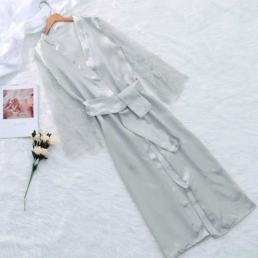 Women Sexy Long Lingerie Robe Ladies Lace Silk Dressing Gown Maxi Satin Bathrobes Spa Wedding Bridal Pajama Nightgown