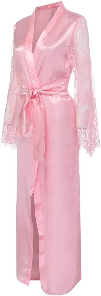 Women Sexy Long Lingerie Robe Ladies Lace Silk Dressing Gown Maxi Satin Bathrobes Spa Wedding Bridal Pajama Nightgown