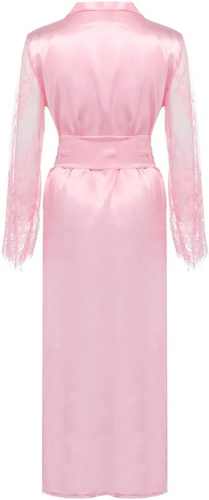 Women Sexy Long Lingerie Robe Ladies Lace Silk Dressing Gown Maxi Satin Bathrobes Spa Wedding Bridal Pajama Nightgown