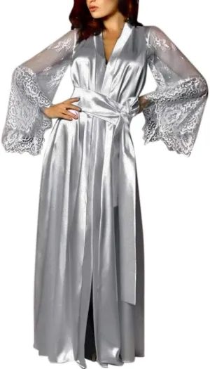 Women Sexy Long Lingerie Robe Ladies Lace Silk Dressing Gown Maxi Satin Bathrobes Spa Wedding Bridal Pajama Nightgown