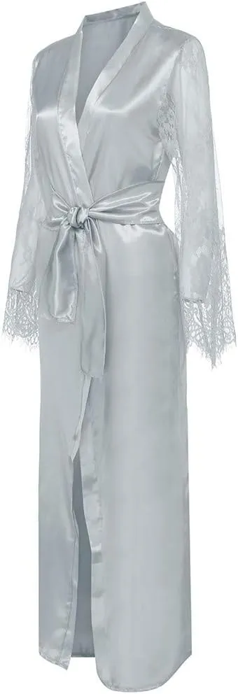 Women Sexy Long Lingerie Robe Ladies Lace Silk Dressing Gown Maxi Satin Bathrobes Spa Wedding Bridal Pajama Nightgown