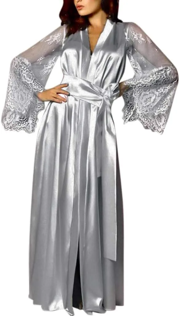 Women Sexy Long Lingerie Robe Ladies Lace Silk Dressing Gown Maxi Satin Bathrobes Spa Wedding Bridal Pajama Nightgown