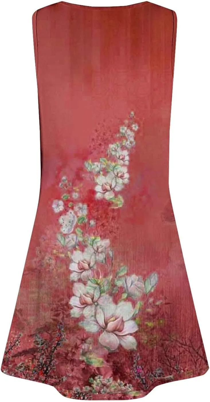 Women Summer Dresses 2025 Trendy Floral Print Maxi Dress Vacation Casual Sleeveless U Neck Long with Pockets