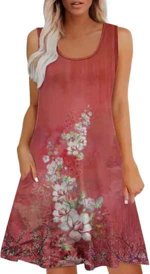 Women Summer Dresses 2025 Trendy Floral Print Maxi Dress Vacation Casual Sleeveless U Neck Long with Pockets