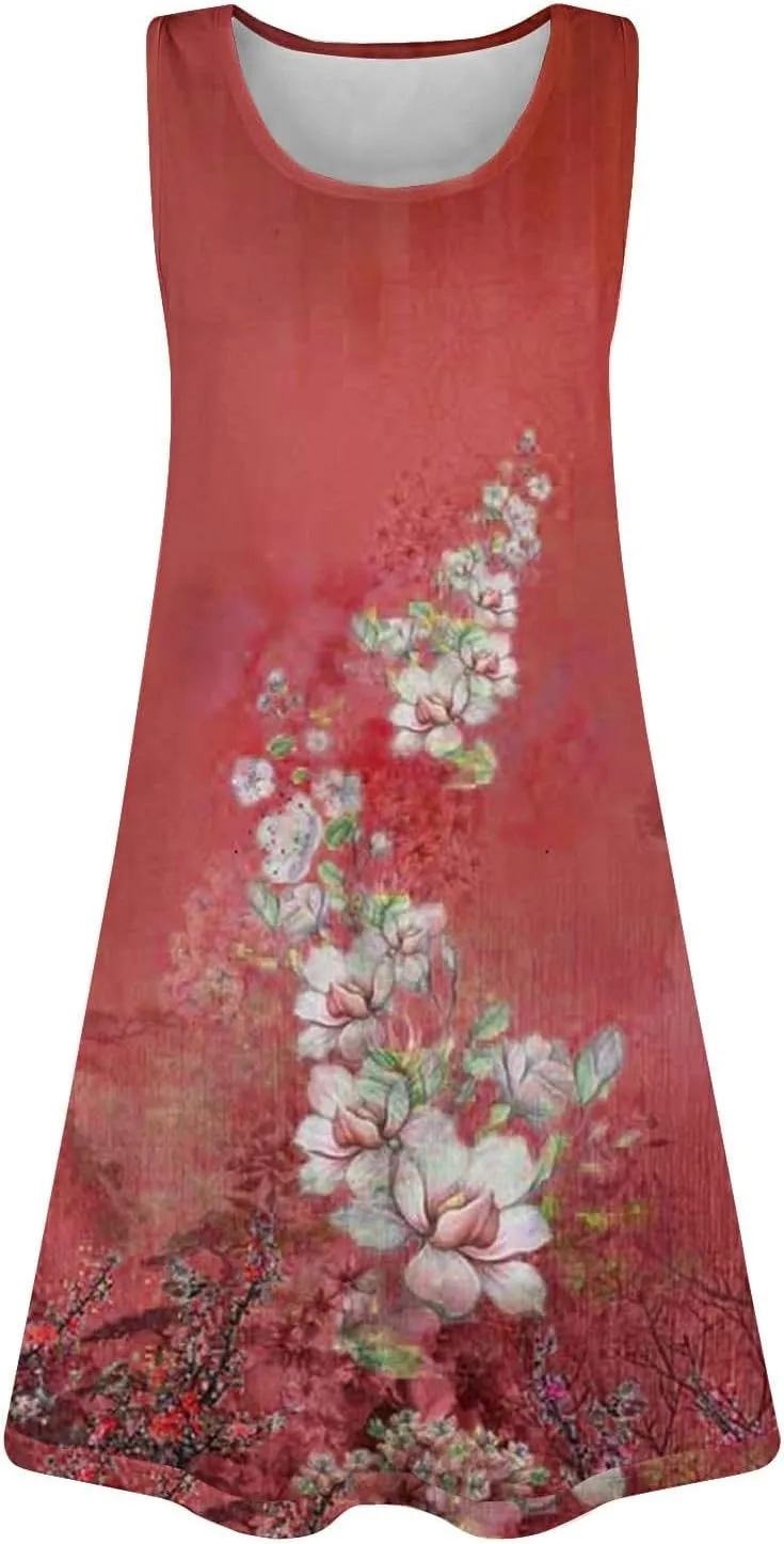 Women Summer Dresses 2025 Trendy Floral Print Maxi Dress Vacation Casual Sleeveless U Neck Long with Pockets