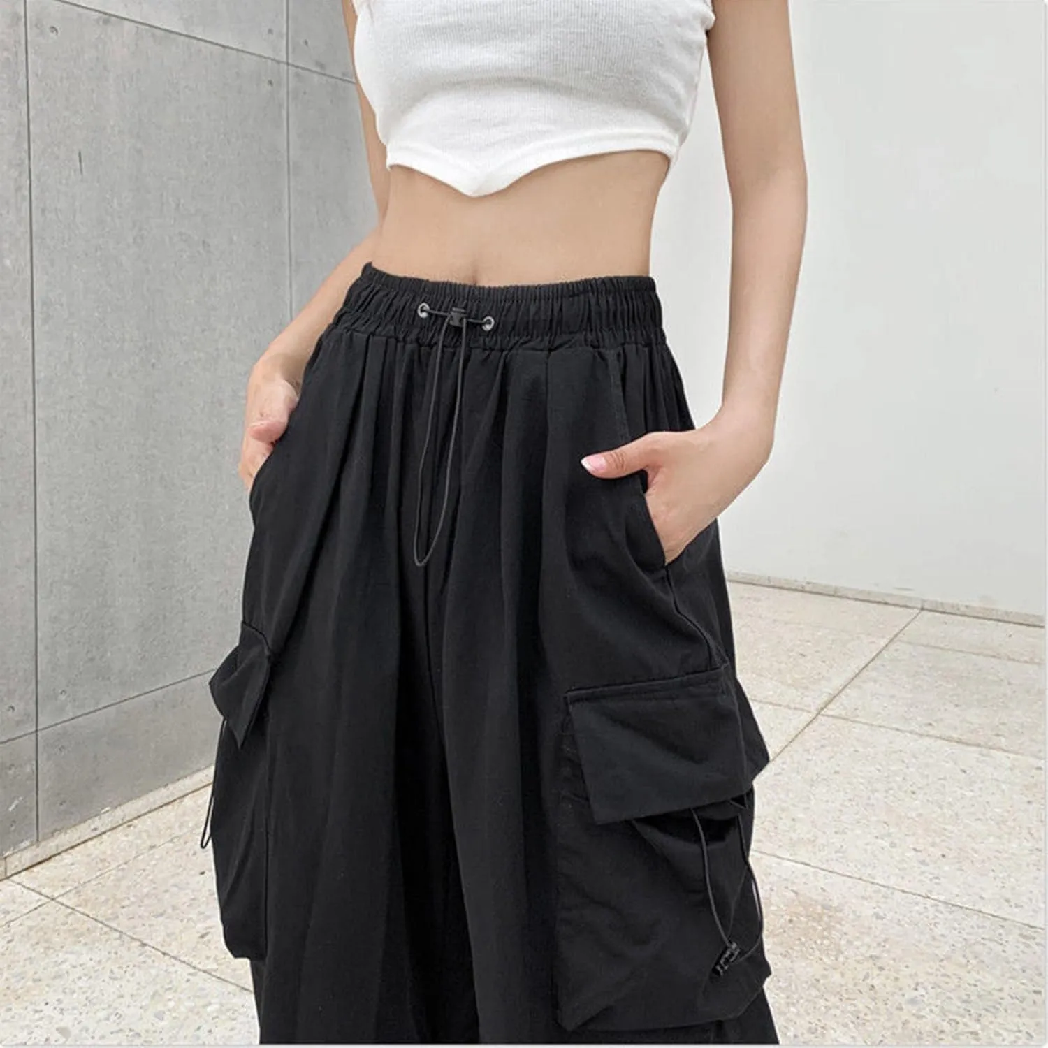 Women Y2K Cargo Jogger Pants Elastic High Waist Baggy Parachute Pants Multi Pocket Casual Loose Vintage Hiking Slacks