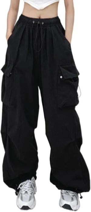 Women Y2K Cargo Jogger Pants Elastic High Waist Baggy Parachute Pants Multi Pocket Casual Loose Vintage Hiking Slacks