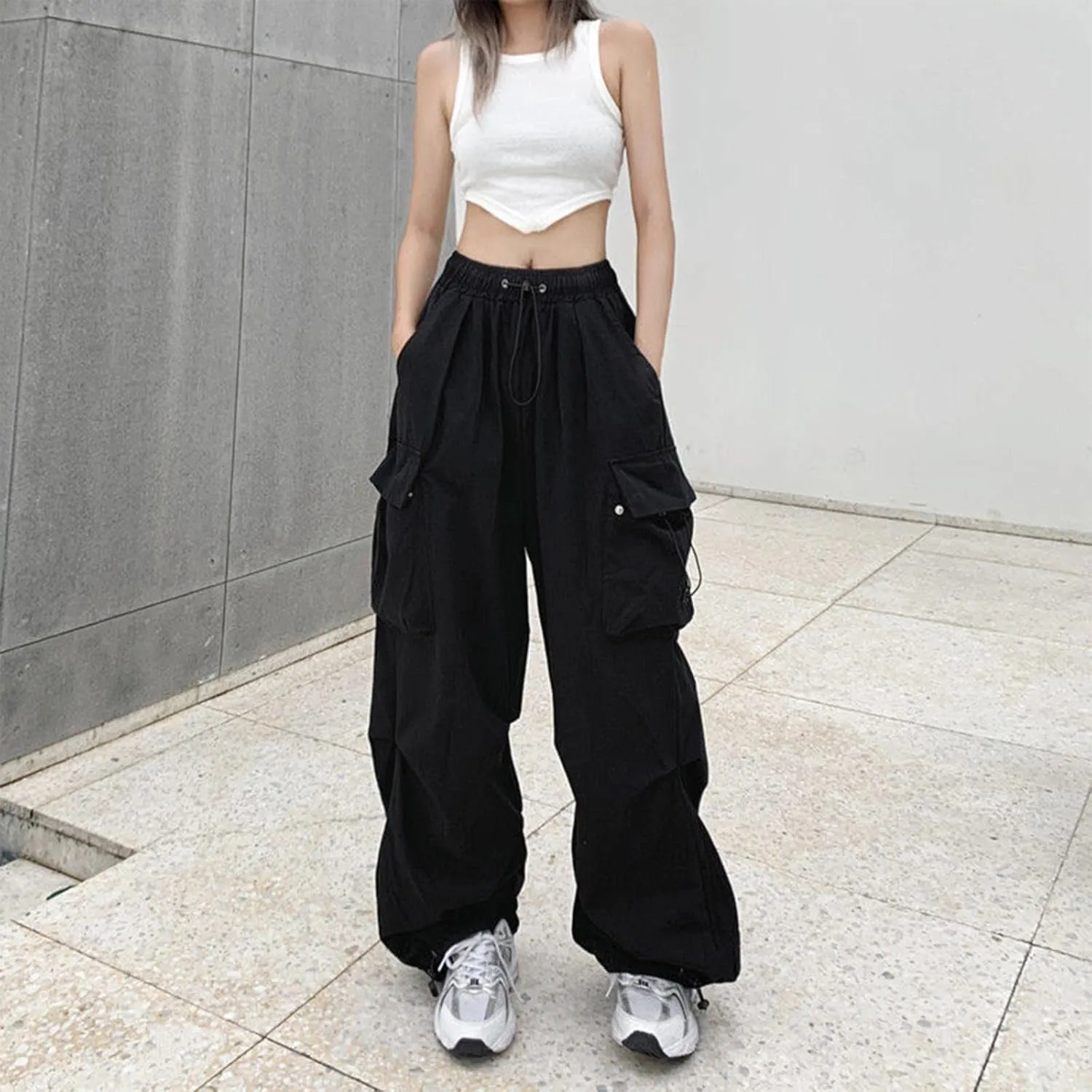 Women Y2K Cargo Jogger Pants Elastic High Waist Baggy Parachute Pants Multi Pocket Casual Loose Vintage Hiking Slacks