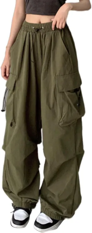 Women Y2K Cargo Jogger Pants Elastic High Waist Baggy Parachute Pants Multi Pocket Casual Loose Vintage Hiking Slacks