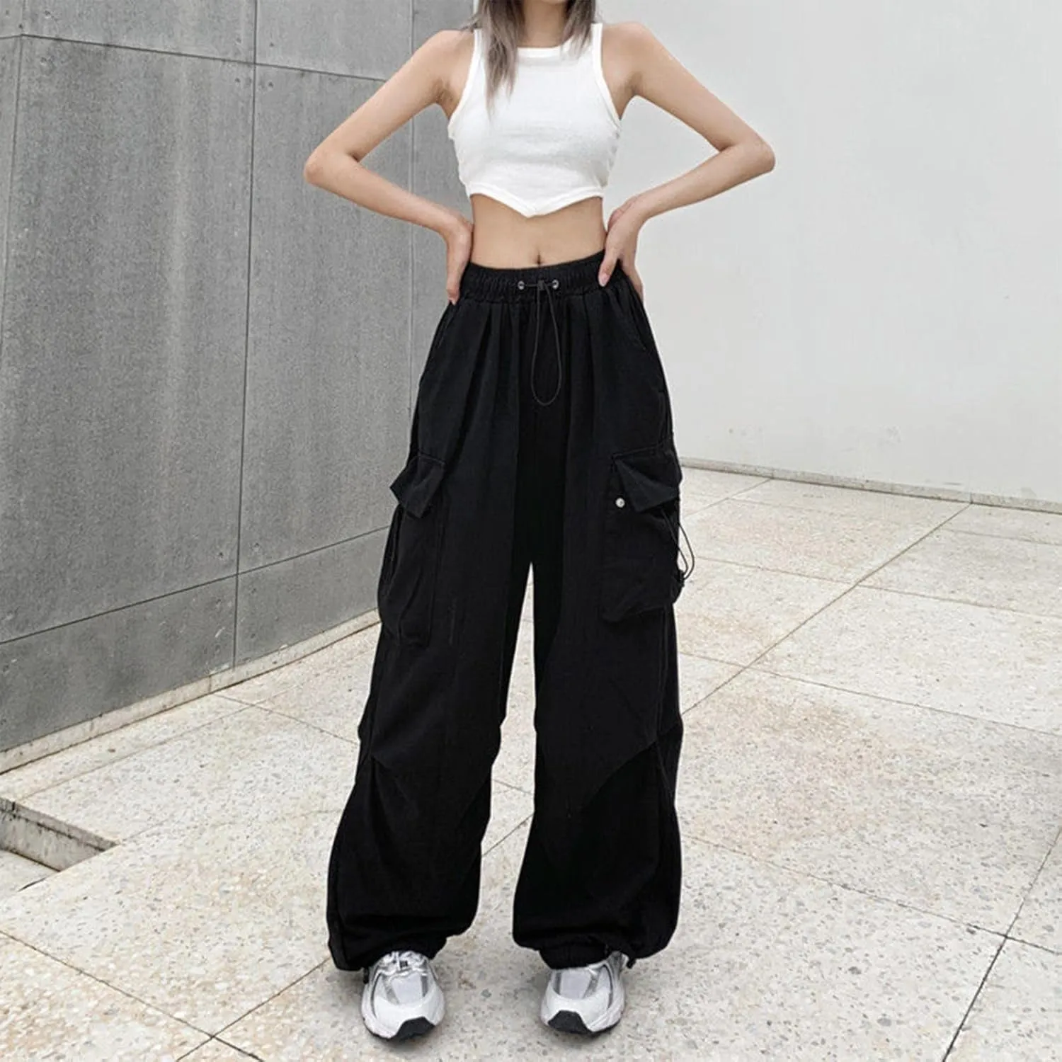 Women Y2K Cargo Jogger Pants Elastic High Waist Baggy Parachute Pants Multi Pocket Casual Loose Vintage Hiking Slacks