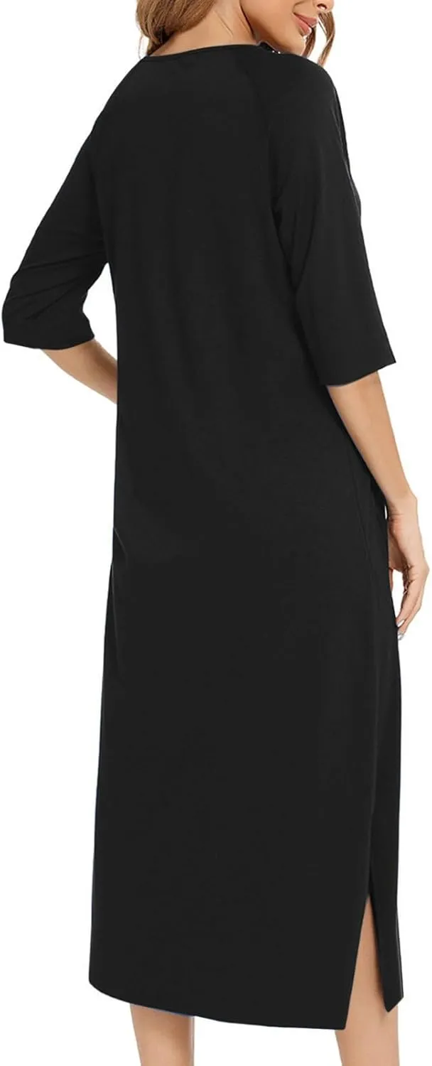 Women Zipper Robe Long Baggy Loungewear 3/4 Sleeve Bathrobe Full Zip Housecoats Comfy Loose Nightgowns Soft Nightwear