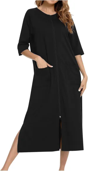 Women Zipper Robe Long Baggy Loungewear 3/4 Sleeve Bathrobe Full Zip Housecoats Comfy Loose Nightgowns Soft Nightwear
