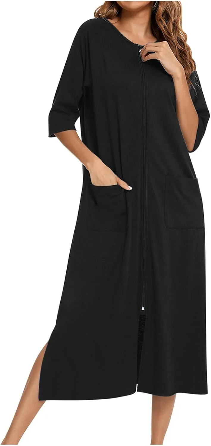Women Zipper Robe Long Baggy Loungewear 3/4 Sleeve Bathrobe Full Zip Housecoats Comfy Loose Nightgowns Soft Nightwear