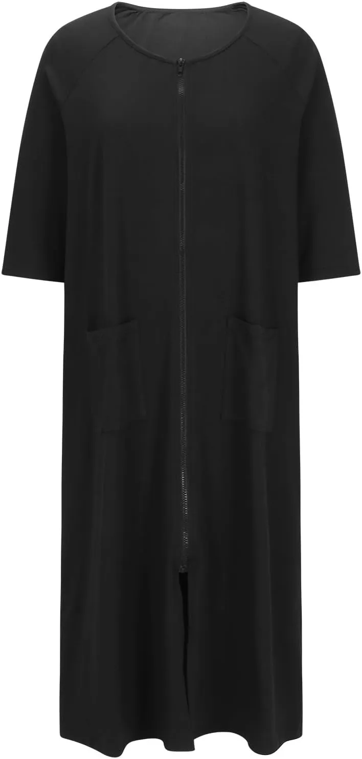 Women Zipper Robe Long Baggy Loungewear 3/4 Sleeve Bathrobe Full Zip Housecoats Comfy Loose Nightgowns Soft Nightwear