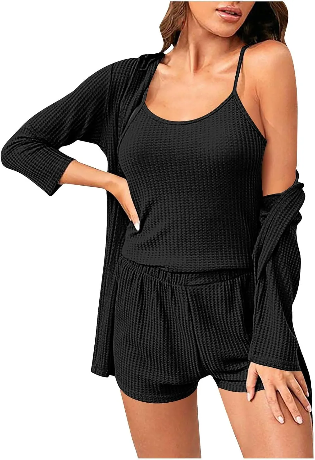 Womens 3 Piece Outfit Waffle Knit Lounge Set Soft Pajama Sets Tank Cami Top and Shorts Cardigan Belted Robe Bathrobe