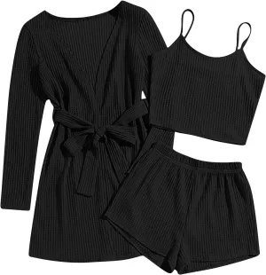 Womens 3 Piece Outfit Waffle Knit Lounge Set Soft Pajama Sets Tank Cami Top and Shorts Cardigan Belted Robe Bathrobe