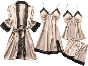 Women's 4pcs Lace Satin Pajamas Sexy Robes Sets Cami Shorts Silk Matching Sleepwear Summer Fashion Soft Pjs Outfits