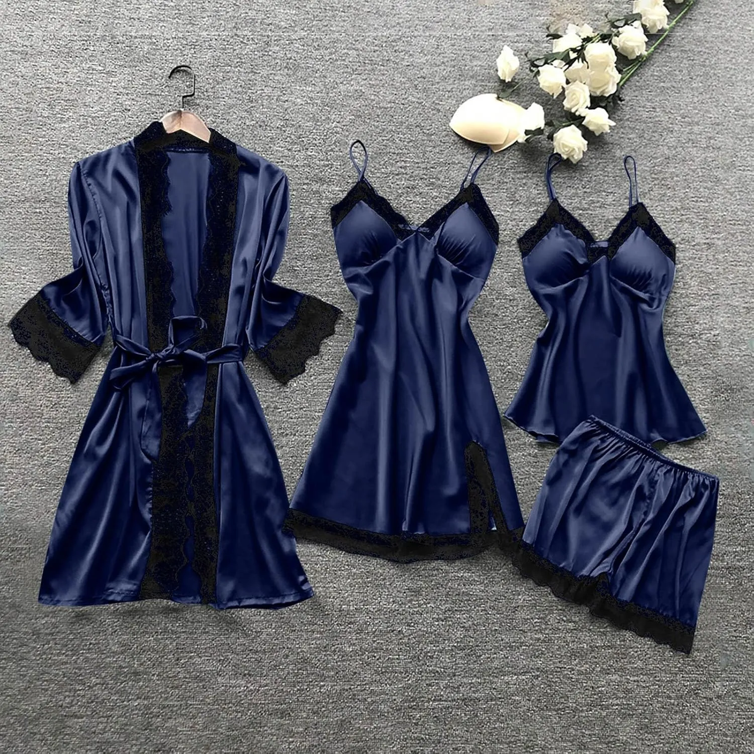 Women's 4pcs Lace Satin Pajamas Sexy Robes Sets Cami Shorts Silk Matching Sleepwear Summer Fashion Soft Pjs Outfits