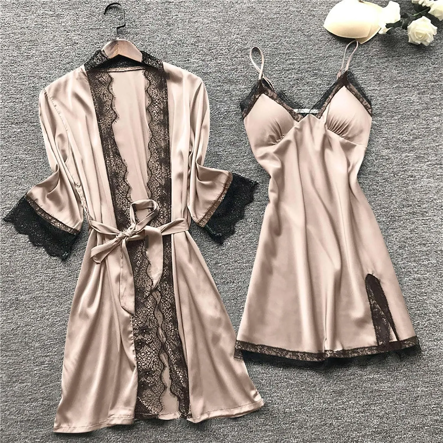 Women's 4pcs Lace Satin Pajamas Sexy Robes Sets Cami Shorts Silk Matching Sleepwear Summer Fashion Soft Pjs Outfits