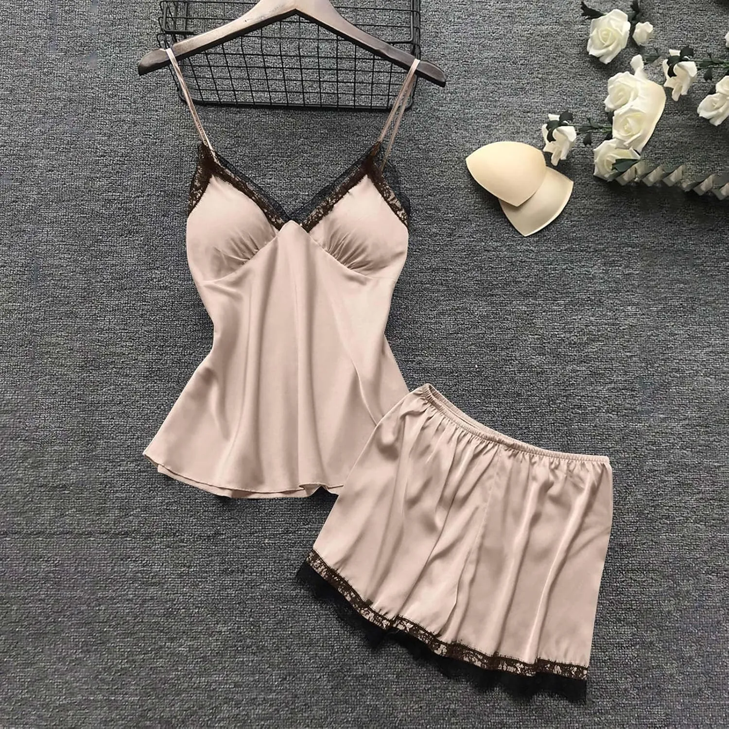 Women's 4pcs Lace Satin Pajamas Sexy Robes Sets Cami Shorts Silk Matching Sleepwear Summer Fashion Soft Pjs Outfits