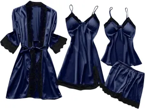 Women's 4pcs Lace Satin Pajamas Sexy Robes Sets Cami Shorts Silk Matching Sleepwear Summer Fashion Soft Pjs Outfits
