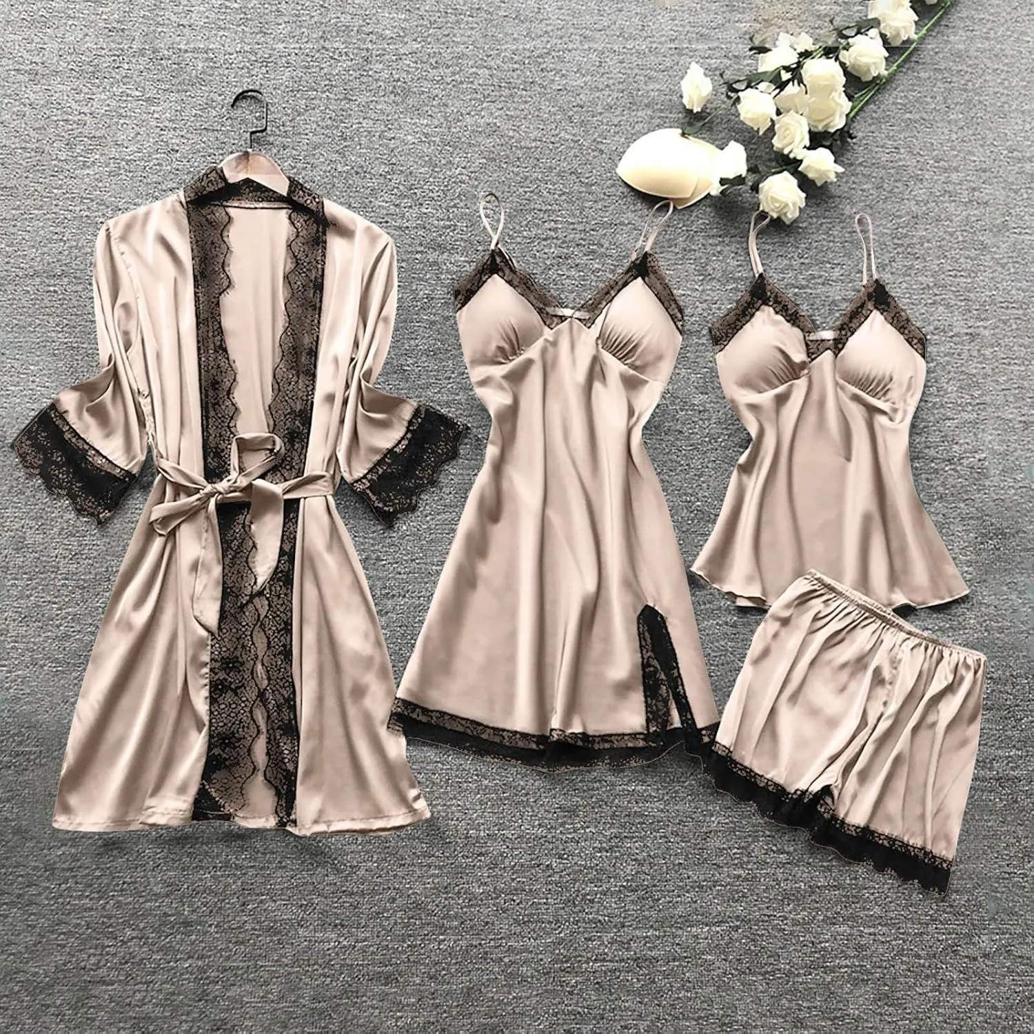 Women's 4pcs Lace Satin Pajamas Sexy Robes Sets Cami Shorts Silk Matching Sleepwear Summer Fashion Soft Pjs Outfits